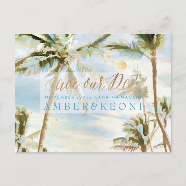 PixDezines Watercolor Beach Rett Date Foto Ankündigungspostkarte (Vorderseite)