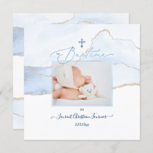 PixDezines Watercolor Bleue Agate, Baptême garçon Einladung