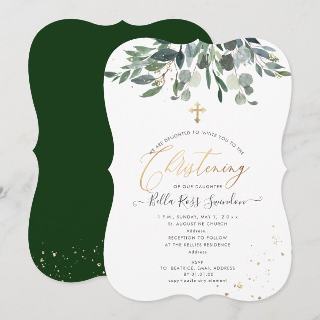 PixDezines Watercolor Blue GumGreenery Christening Einladung (Vorne/Hinten)