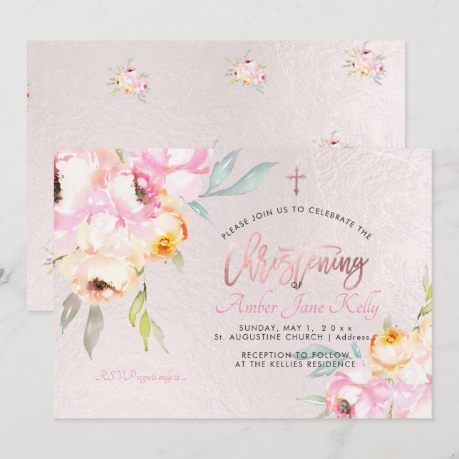 PixDezines Watercolor Blume Peonies Christening Einladung (Vorne/Hinten)