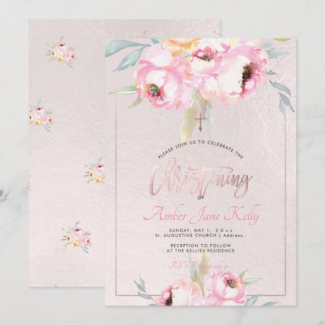 PixDezines Watercolor Blume Peonies Christening Einladung (Vorne/Hinten)