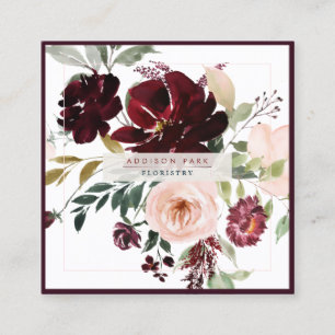 PixDezines Watercolor Blumen, Burgunder+Blush Quadratische Visitenkarte