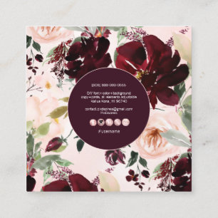 PixDezines Watercolor Blumen, Burgunderrot+Rosa Quadratische Visitenkarte