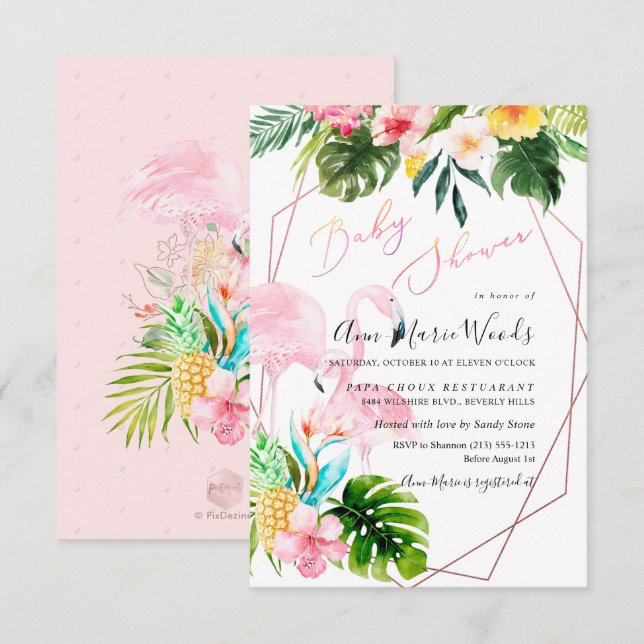 PixDezines Watercolor Blush Flamingos Babydusche Einladung (Vorne/Hinten)
