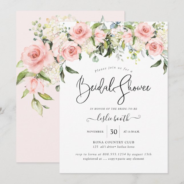 PixDezines Watercolor Blush Rose Brautparty Einladung (Vorne/Hinten)