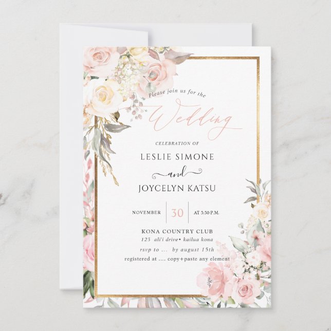 PixDezines Watercolor Blush Rose Hochzeit Einladung (Vorderseite)