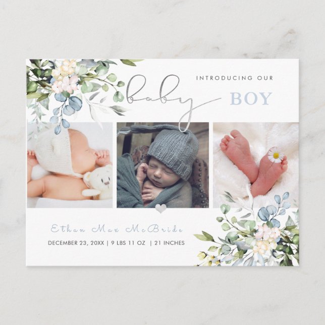 PixDezines Watercolor Dusty Blue Eucalyptus Birth Postkarte (Vorderseite)