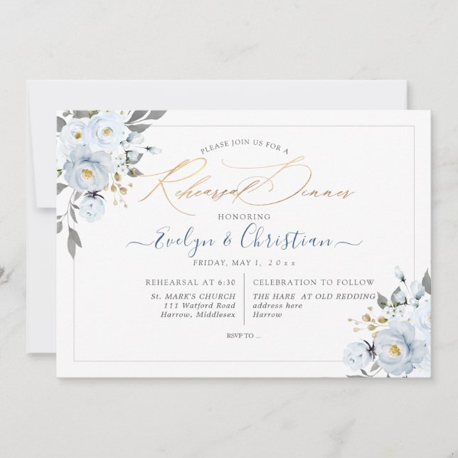 PixDezines Watercolor Dusty Blue Rose Einladung (Vorderseite)