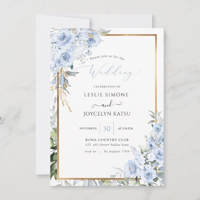 PixDezines Watercolor Dusty Blue Rose Hochzeit Einladung (Vorderseite)