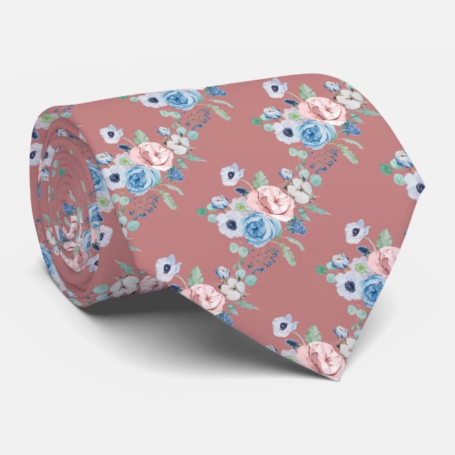 PixDezines Watercolor Dusty Blue Rose Peonies Neck Krawatte (Gerollt)