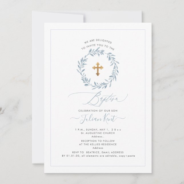 PixDezines Watercolor Dusty Blue Wreath Einladung (Vorderseite)