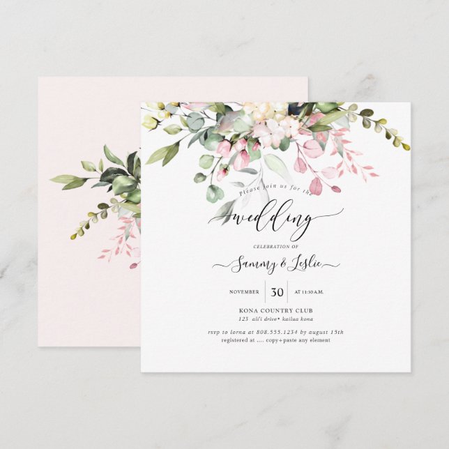 PixDezines Watercolor Dusty Blush Pink Eukalyptus Einladung (Vorne/Hinten)
