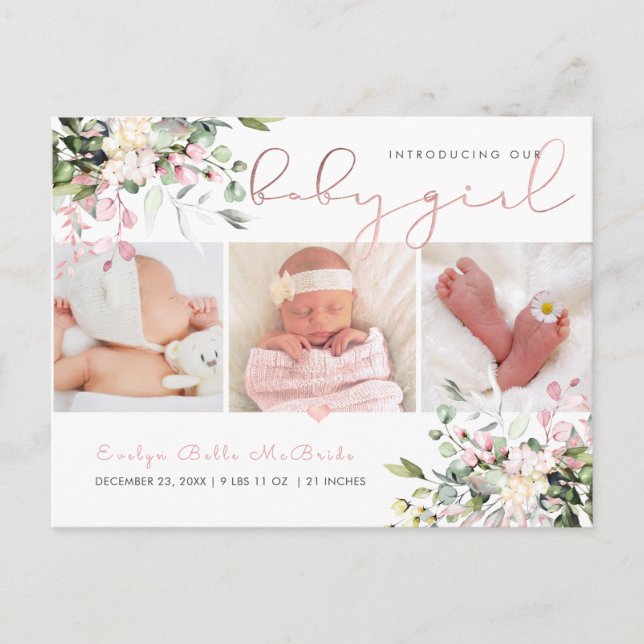PixDezines Watercolor Dusty Pink Eukalyptus Birth Postkarte (Vorderseite)
