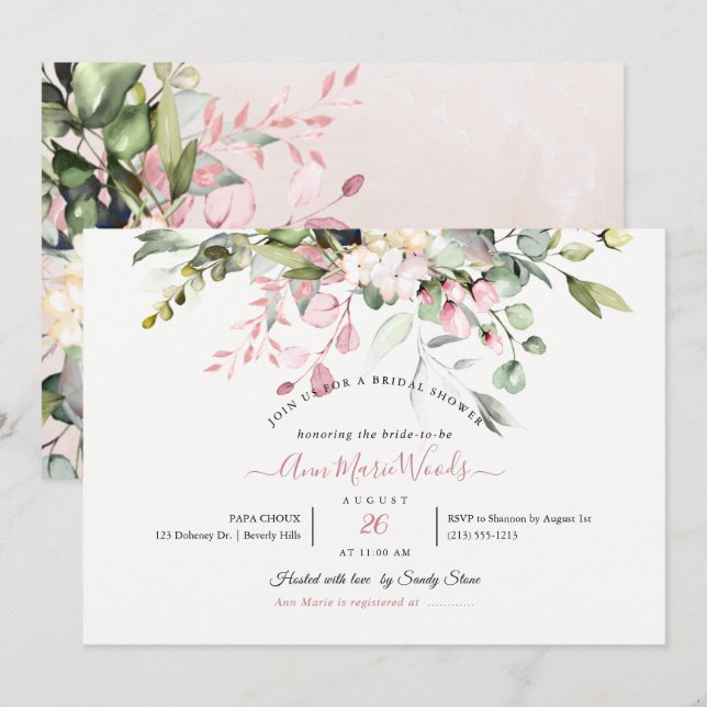 PixDezines Watercolor Dusty Pink Eukalyptus Bridal Einladung (Vorne/Hinten)