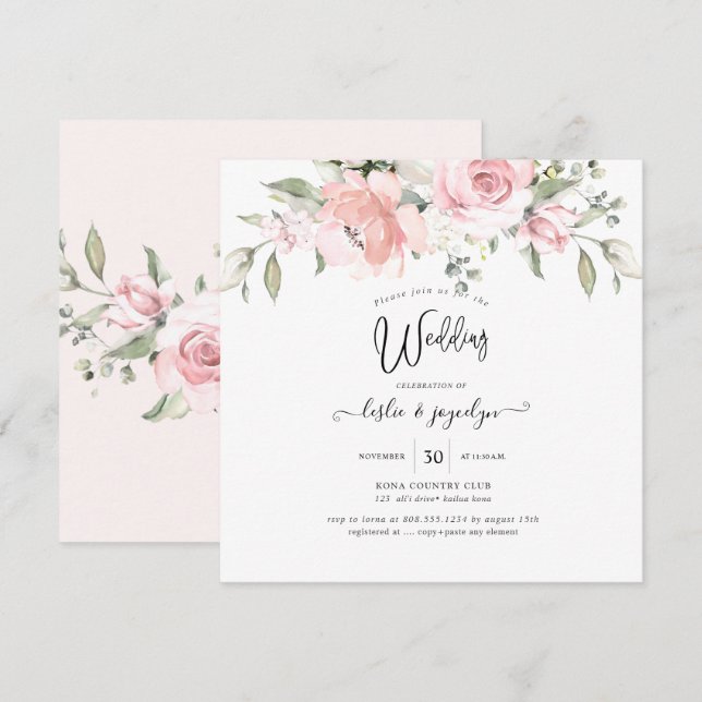 PixDezines Watercolor Dusty Rose Hochzeit Einladung (Vorne/Hinten)
