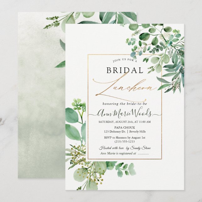 PixDezines Watercolor Eukalyptus Bridal Luncheon Einladung (Vorne/Hinten)