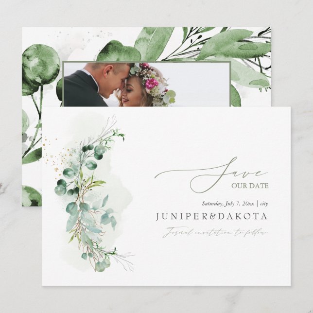 PixDezines Watercolor Eukalyptus Wreath Greenery Save The Date (Vorne/Hinten)