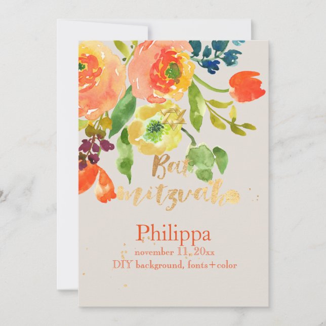PixDezines Watercolor/Floral/RanunculusBat Mitzvah Einladung (Vorderseite)