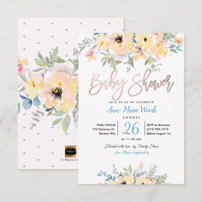 PixDezines Watercolor Garden Rose Kinderdusche Einladung (Vorne/Hinten)