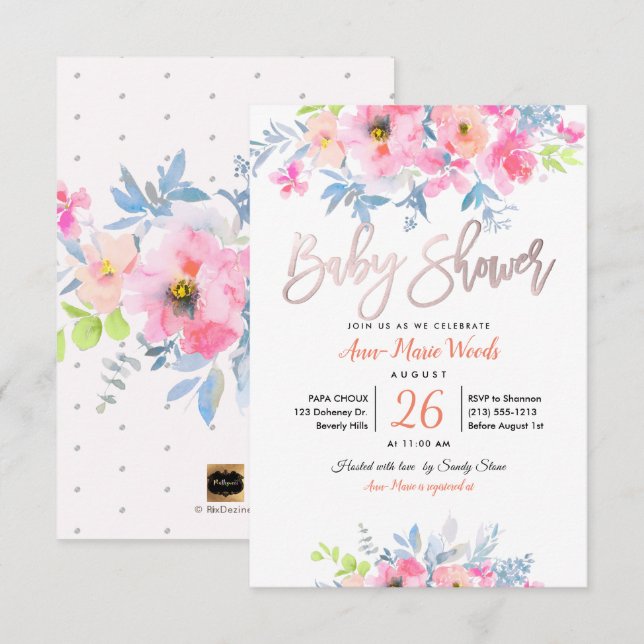 PixDezines Watercolor Garden Rose Kinderdusche Einladung (Vorne/Hinten)