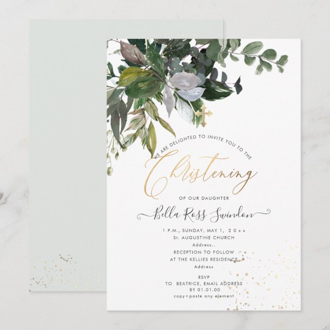 PixDezines Watercolor Grüne Christening Einladung (Vorne/Hinten)