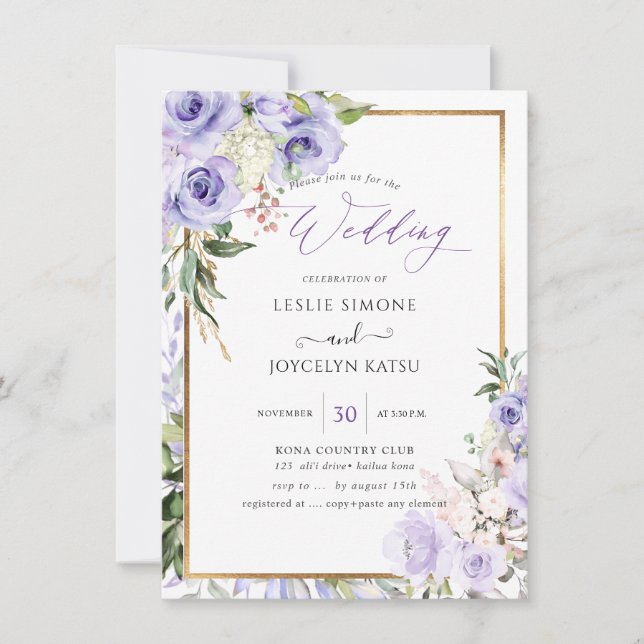 PixDezines Watercolor Lila Rose Hochzeit Einladung (Vorderseite)