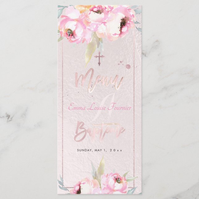 PixDezines Watercolor Peonies Baptême Französische Menükarte (Vorderseite)