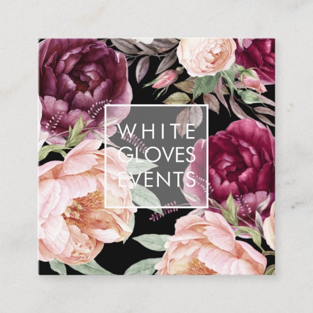PixDezines Watercolor Peonies Blush Burgund Quadratische Visitenkarte (Vorderseite)