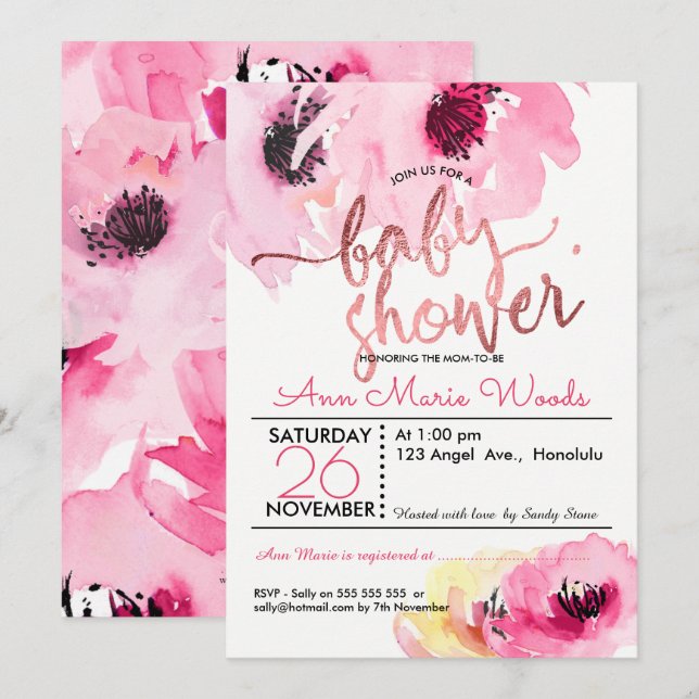 PixDezines Watercolor Pink Roses Kinderdusche Einladung (Vorne/Hinten)