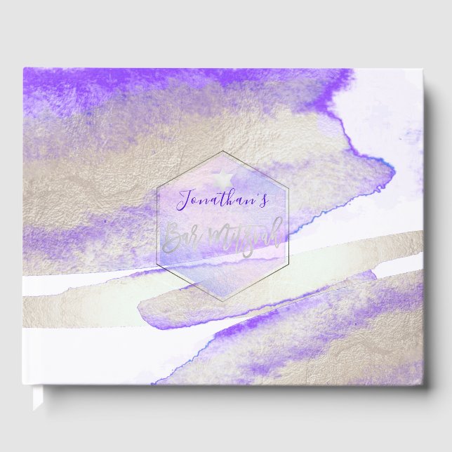 PixDezines Watercolor Platinum+Lila Mitzvah Gästebuch (Vorderseite)
