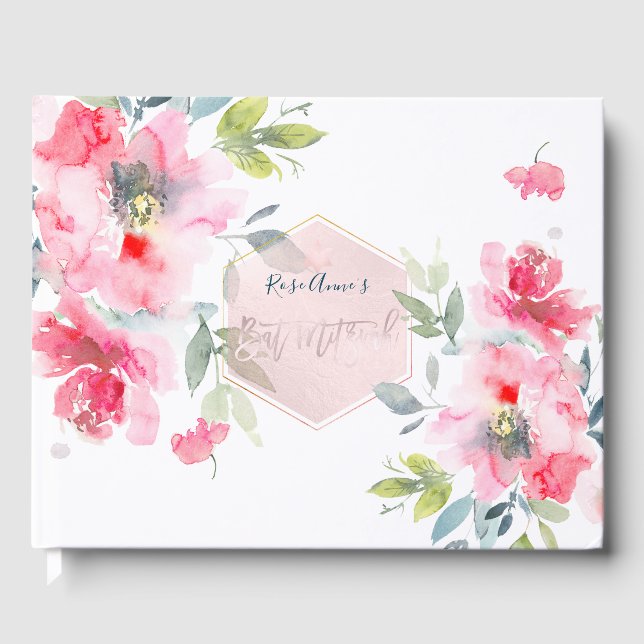 PixDezines Watercolor Red Ombre Rose Bat Mitzvah Gästebuch (Vorderseite)
