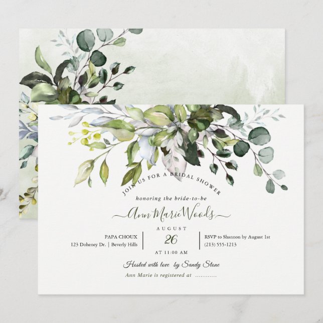 PixDezines Watercolor Rustic Eukalyptus Bridal Einladung (Vorne/Hinten)