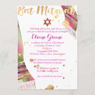 PixDezines Watercolor Tallit Bat Mitzvah/Gold Einladung
