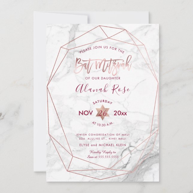 PixDezines Weißer Marmor Bat Mitzvah/Rose Gold Einladung (Rückseite)
