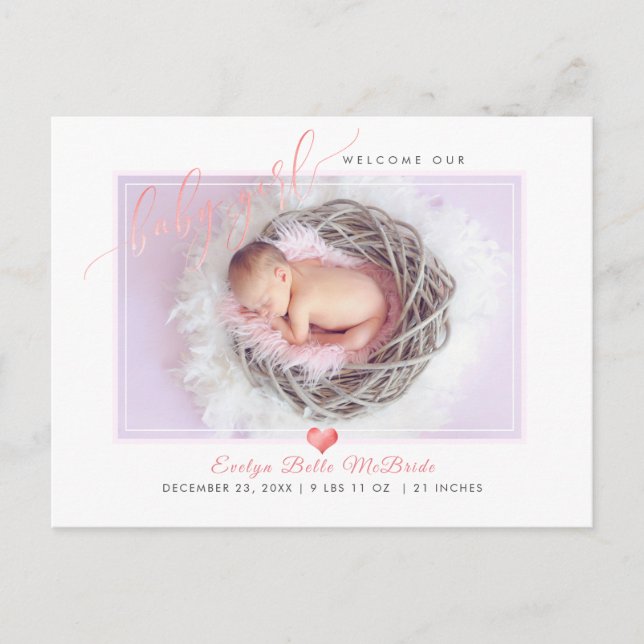 PixDezines Welcome Baby Girl, Imitate Foil Script Ankündigungspostkarte (Vorderseite)