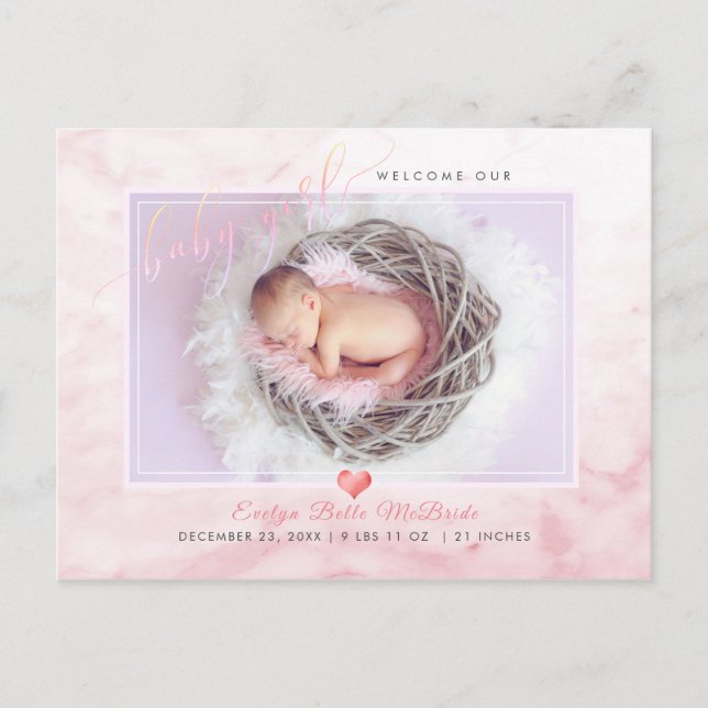 PixDezines Welcome Baby Girl, Imitate Foil Script Ankündigungspostkarte (Vorderseite)