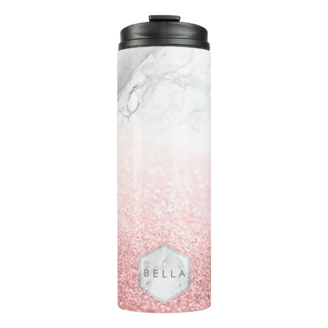 PixDezines WHITE MARBLE+IMITATS ROSE GOLD GLITZER Thermosbecher (Vorderseite)