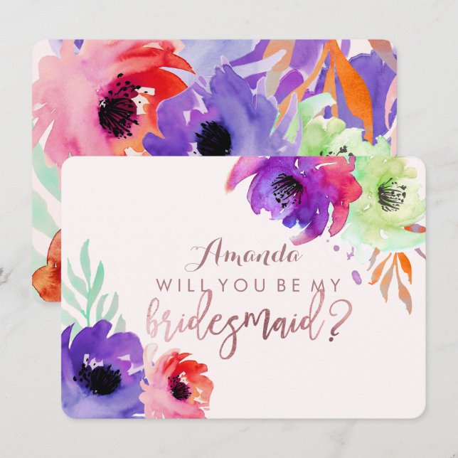 PixDezinesBridesmaid/Floral/Wasserfarbe/Rose Einladung (Vorne/Hinten)
