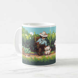 Pixel Art Bauer zeigt die Pflanze an Kaffeetasse