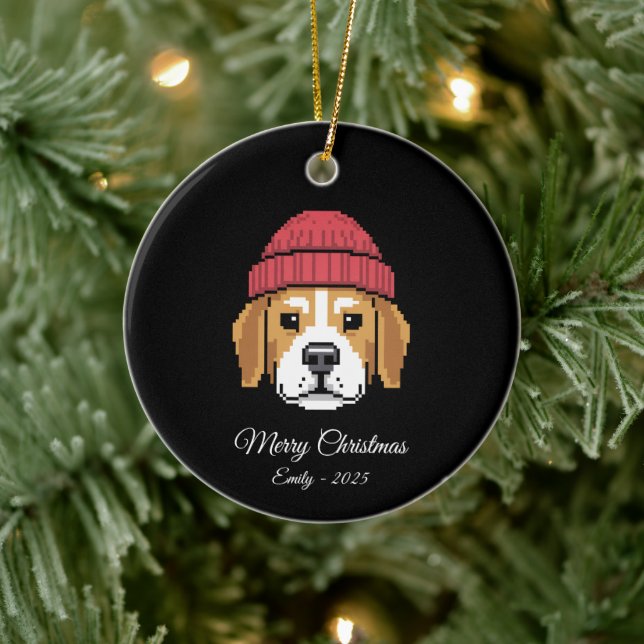 Pixel Art Beagle Hund Winterhut Keramik Ornament (Baum)