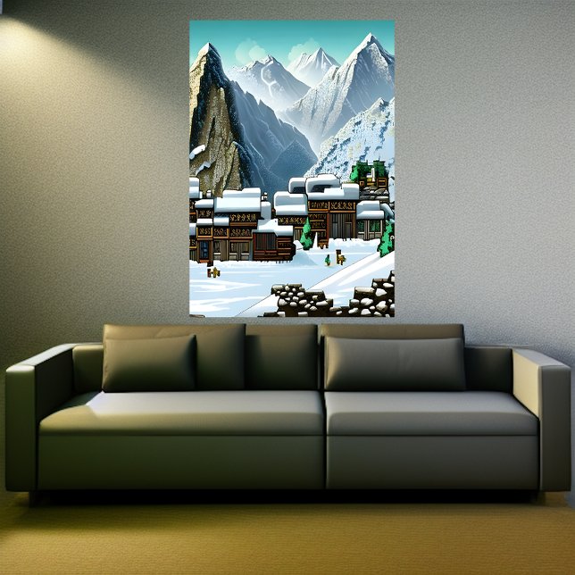 Pixel Art, Bergdorf im Schnee | Art der AI Poster (Von Creator hochgeladen)