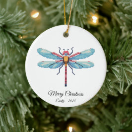 Pixel Art Blue Dragonfly Insect Art Christmas Gift Keramik Ornament