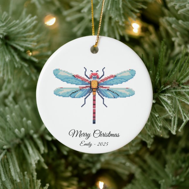Pixel Art Blue Dragonfly Insect Art Christmas Gift Keramik Ornament (Baum)