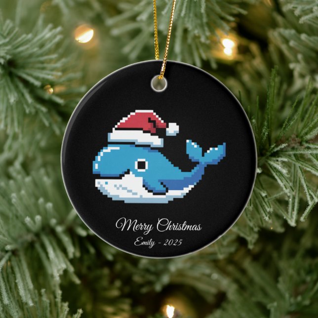Pixel Art Blue Whale Santa Hat Keramik Ornament (Baum)