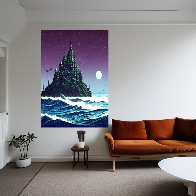 Pixel Art, Castle on Rock im Meer | Art der AI Poster (Von Creator hochgeladen)