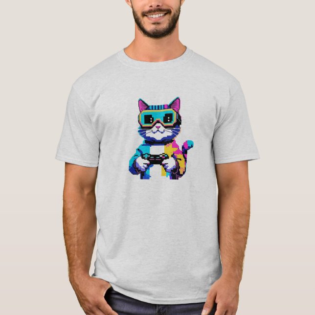 Pixel Art Cat Gamer T-Shirt (Vorderseite)