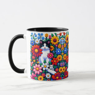 Pixel Art Cat, Kitten und Blume Tasse