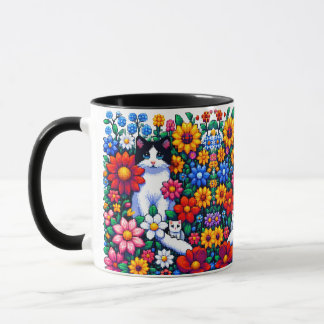 Pixel Art Cat, Kitten und Blume Tasse