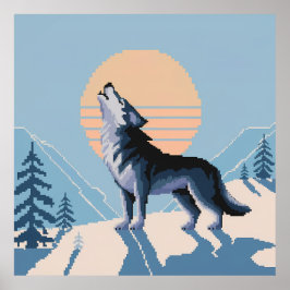 Pixel Art Howling Wolf bei Sunset Poster