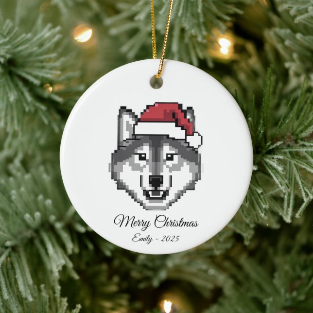 Pixel Art Husky Dog Santa Hat Christmas Gift Keramik Ornament (Baum)